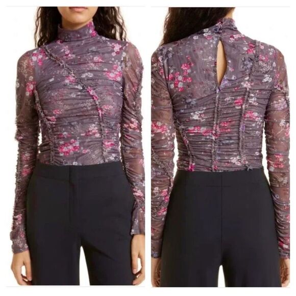 Cinq à‎ Sept Ellianna rushed ruffle floral blouse Top Size M - Picture 1 of 15